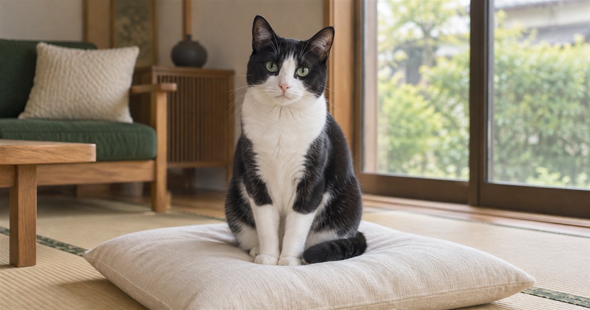 窓辺のクッションに座るハチワレの成猫