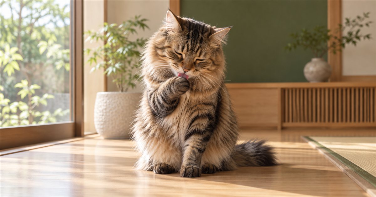 窓辺で前足をなめて毛づくろいをするキジトラの長毛の猫