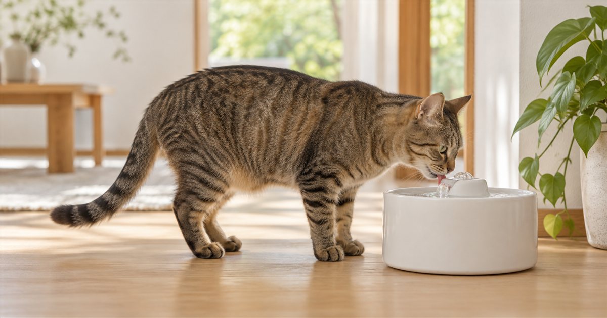 給水器から流れる水を飲むキジトラの猫