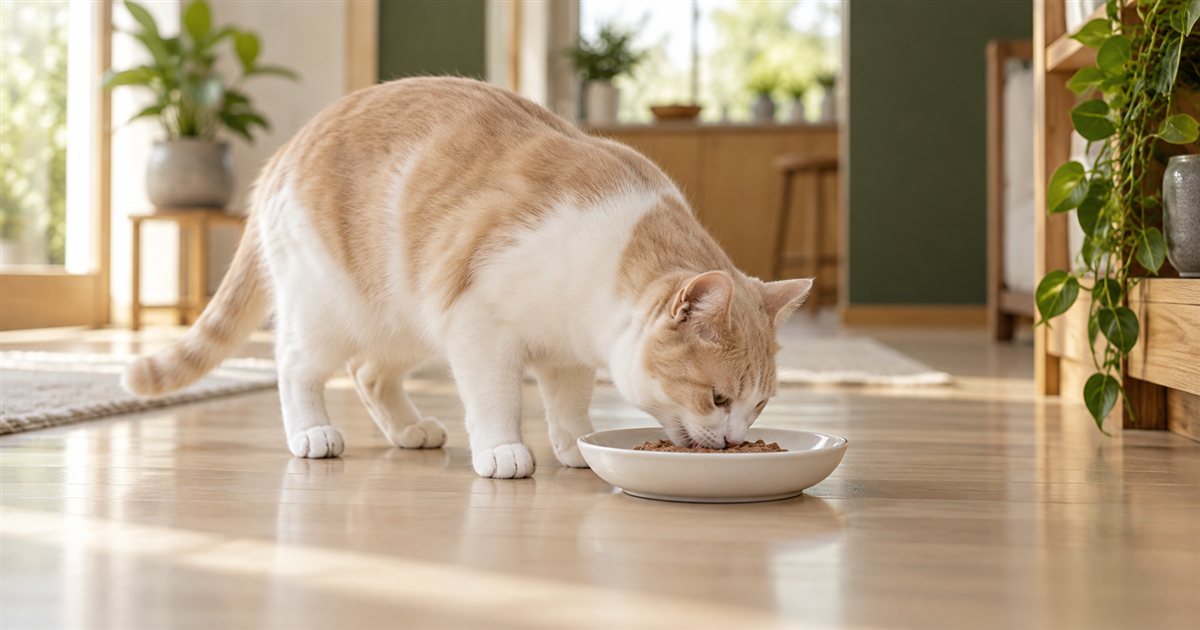 浅い器のウェットフードを食べる猫
