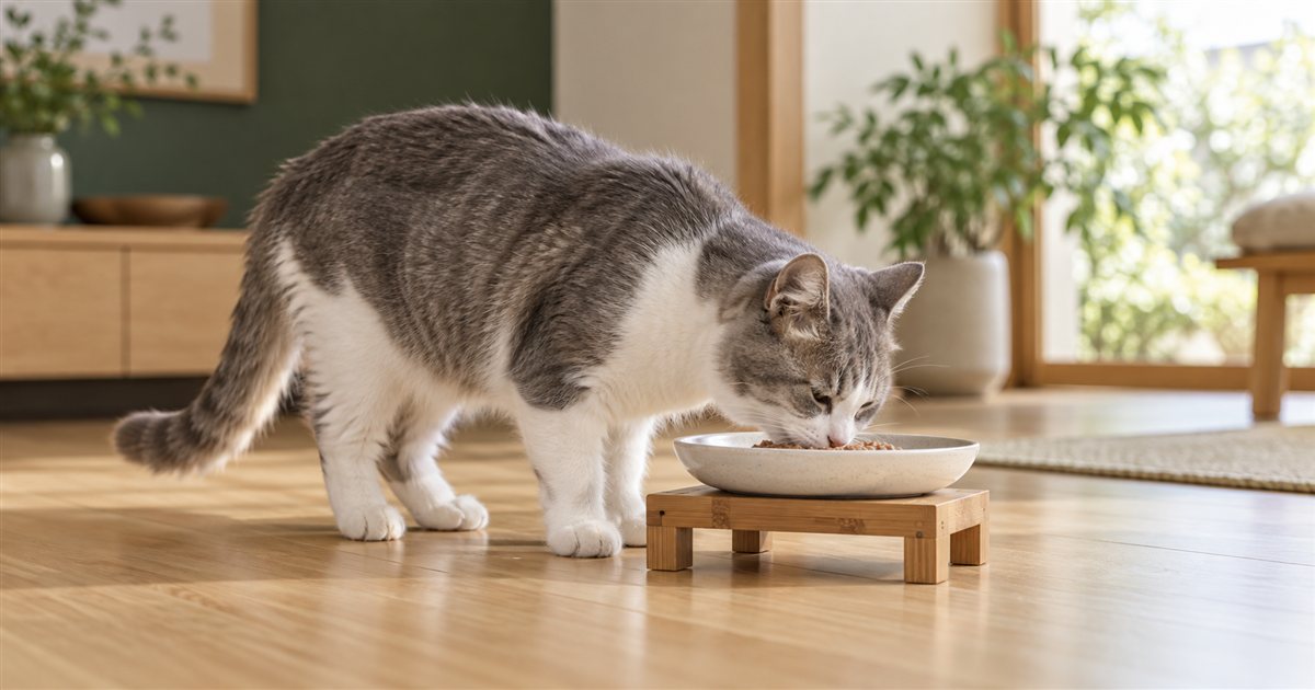 低い木の台に載せた浅い器からウェットフードを食べるグレーと白の高齢猫