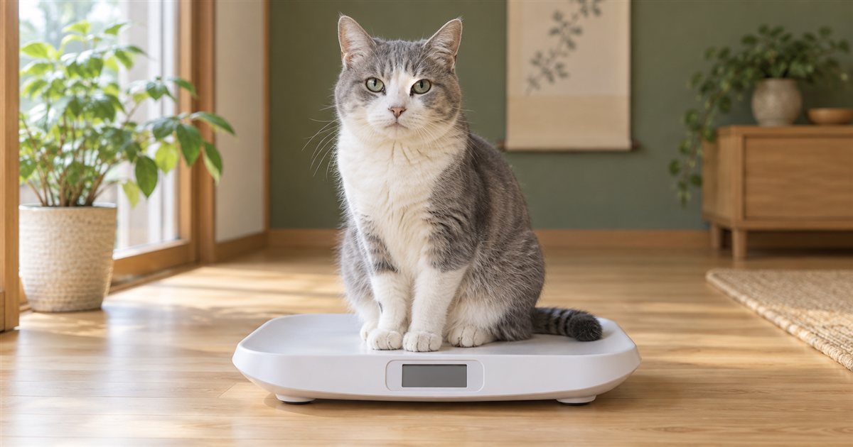赤ちゃん用の体重計に座るグレーと白の高齢猫