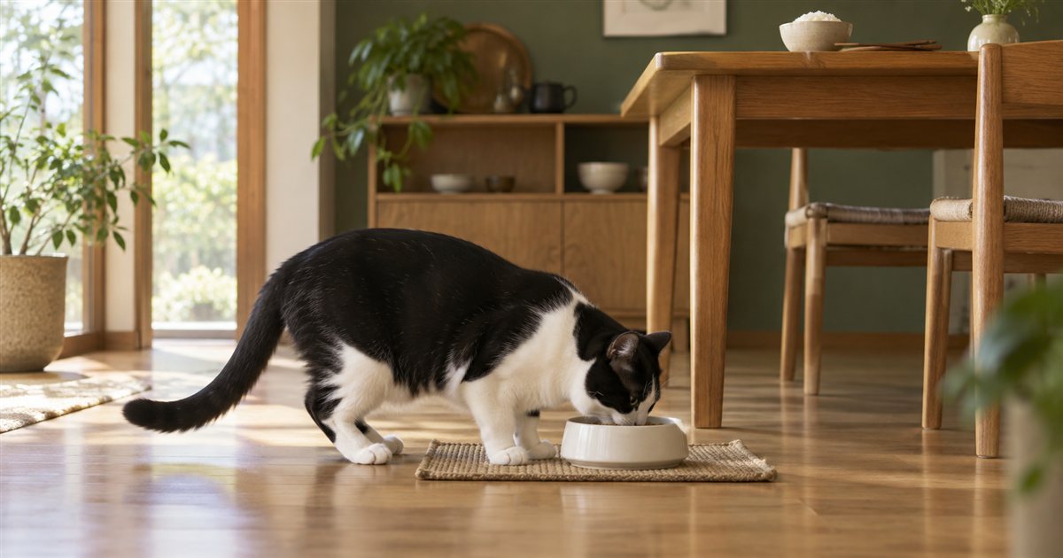 床に置いた猫用の器で食べる白黒の猫と、テーブルの上の人の茶碗と箸