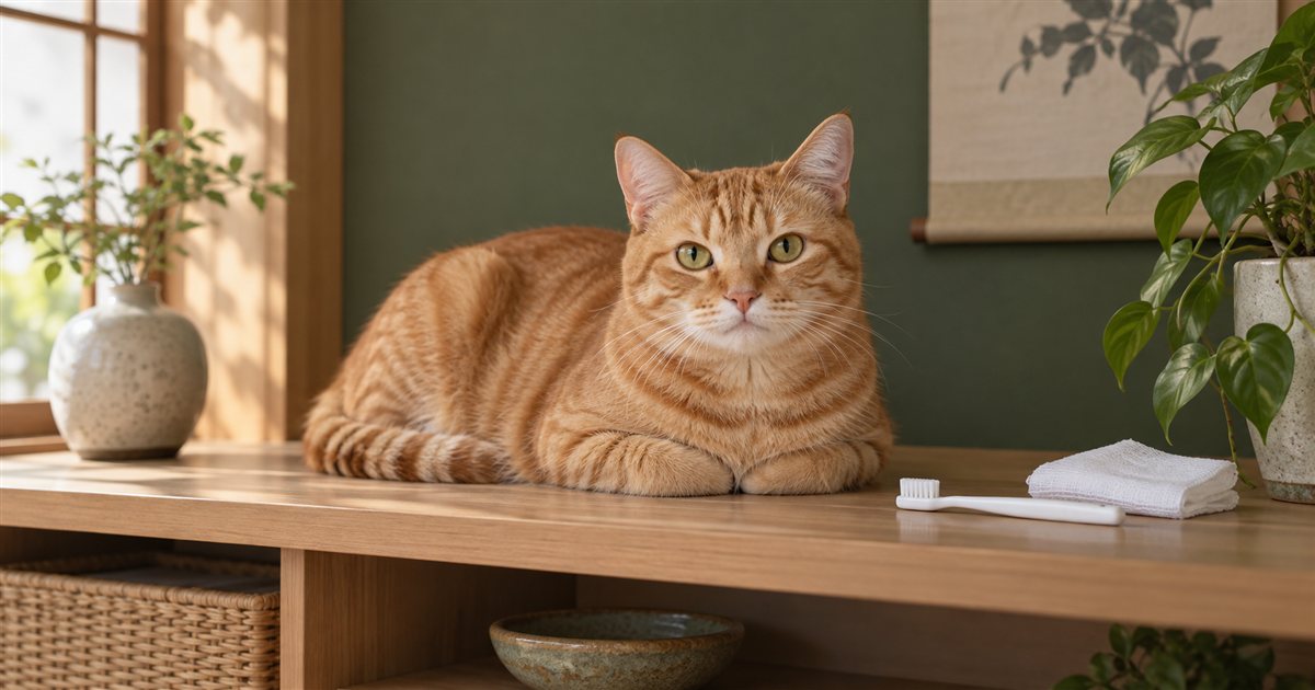 猫用の歯ブラシとガーゼのそばでくつろぐ茶トラの猫