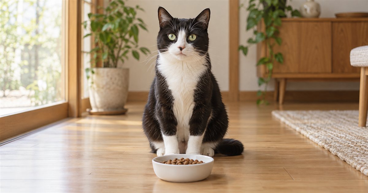 器のドライフードを前に座る白黒の猫