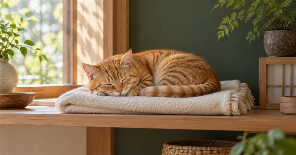 窓辺の棚に敷いたブランケットの上で丸くなって眠る茶トラの猫