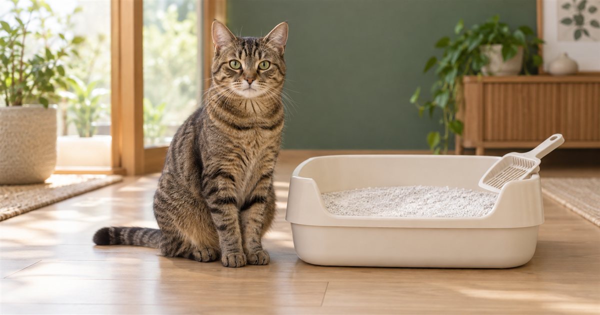固まる砂を入れたオープン型トイレの横に座るキジトラの猫