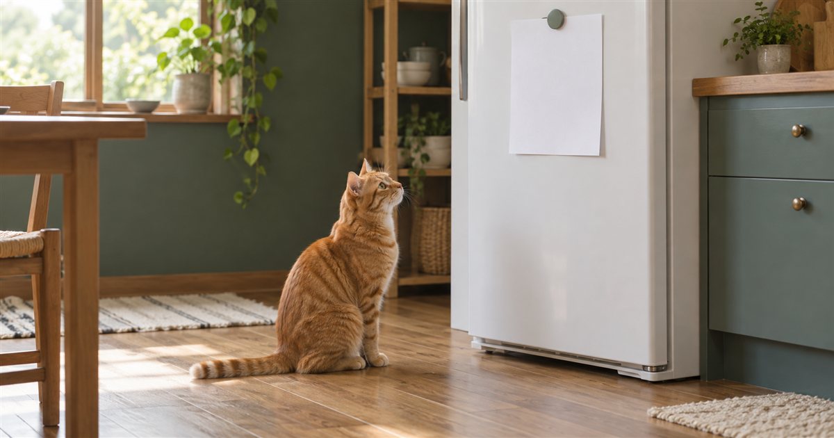 冷蔵庫に貼った記録用の紙を見上げる茶トラの猫