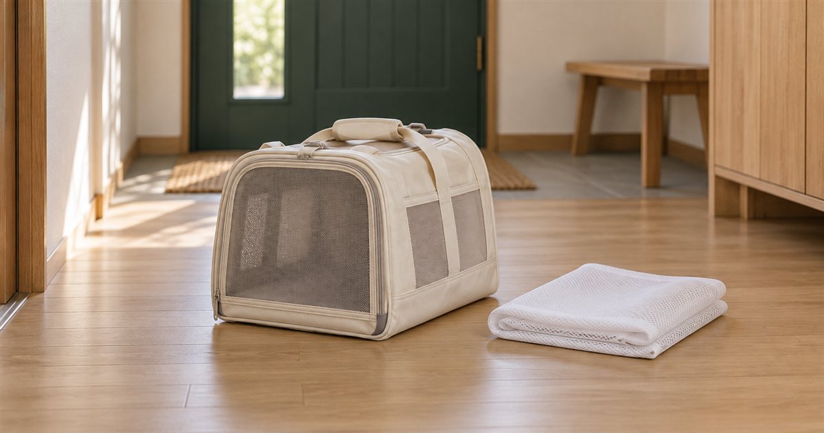 玄関に置いた空のキャリーバッグとたたんだ洗濯ネット