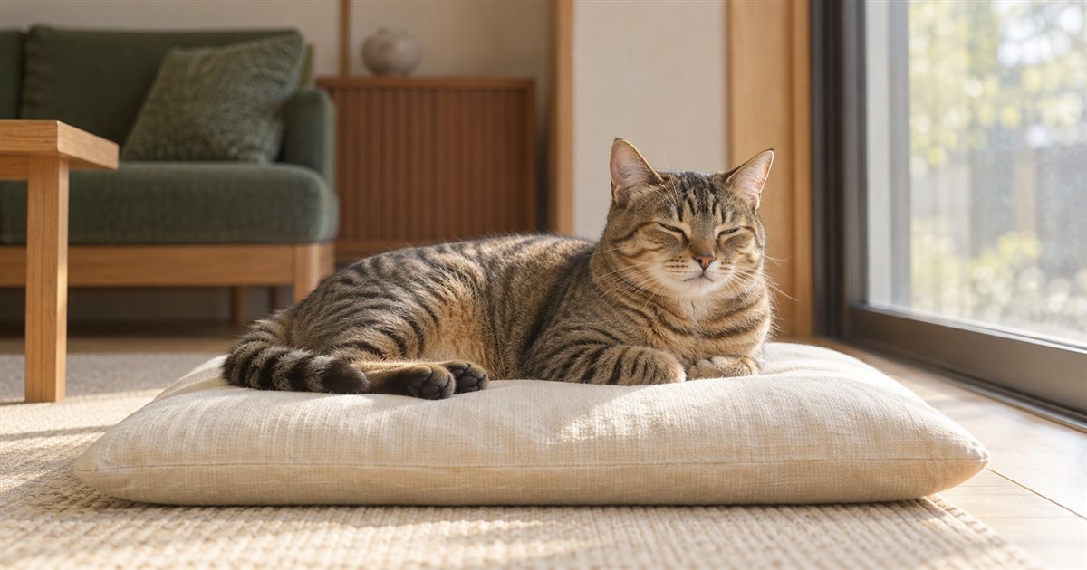 ガラス窓を閉めた窓辺のクッションでくつろぐキジトラの猫