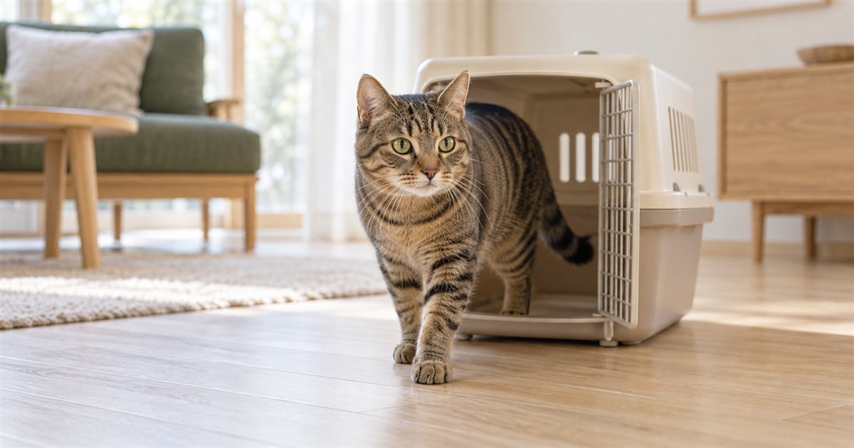 扉を開けたキャリーバッグからリビングへ出てくるキジトラの成猫