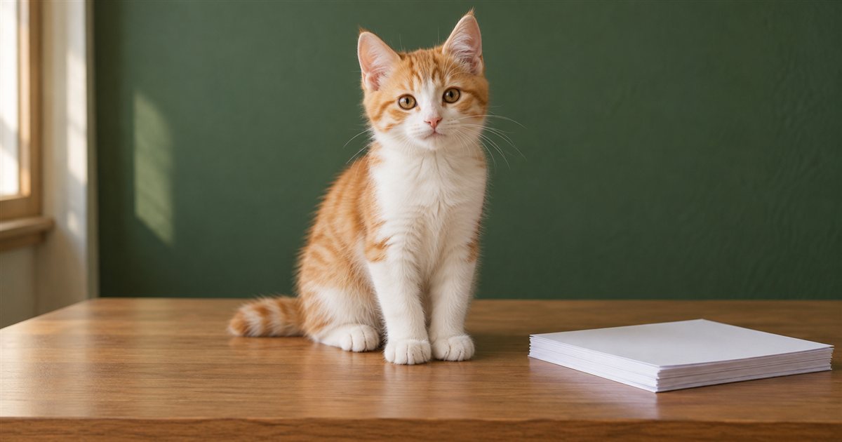 机の上の白紙の束の横に座る子猫