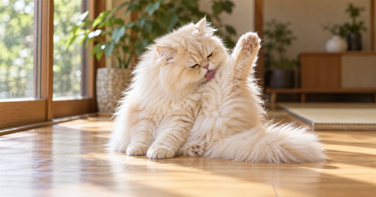 窓辺で毛づくろいをする長毛の猫