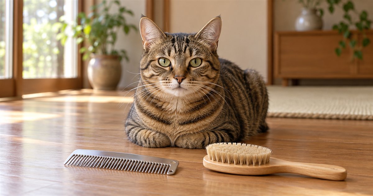 コームとブラシのそばでくつろぐキジトラの猫