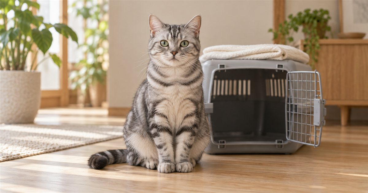 扉を開けたキャリーケースの前に座るサバトラの猫