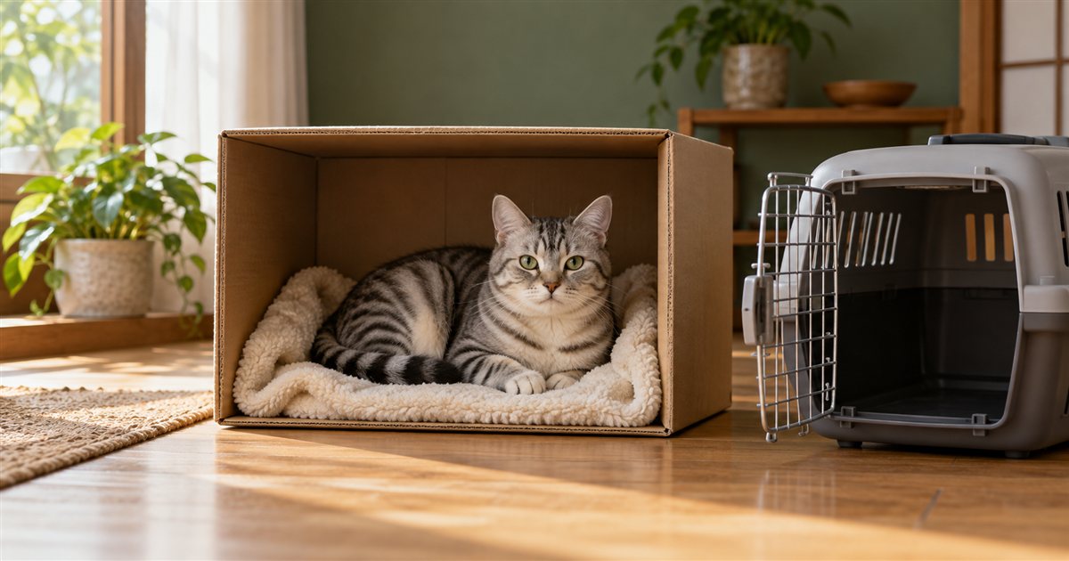 横向きの段ボール箱の奥からこちらを見るサバトラの猫