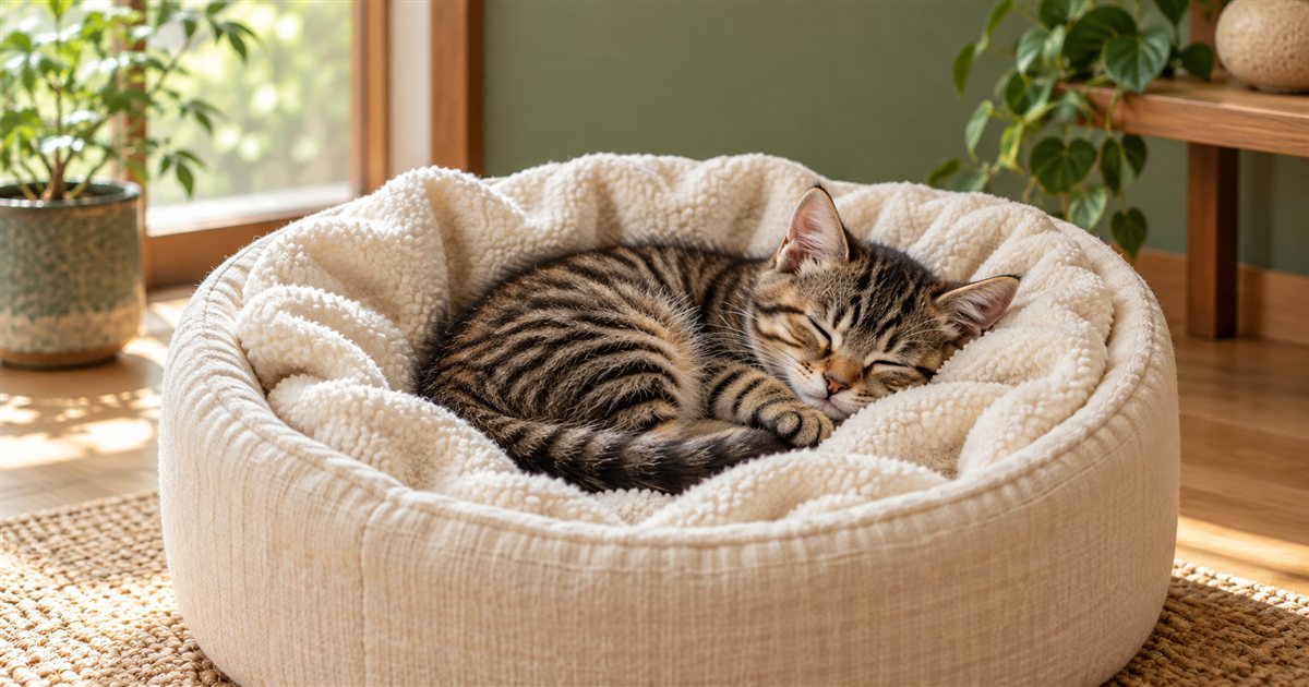 縁の高い猫ベッドで毛布にくるまって眠るキジトラの子猫